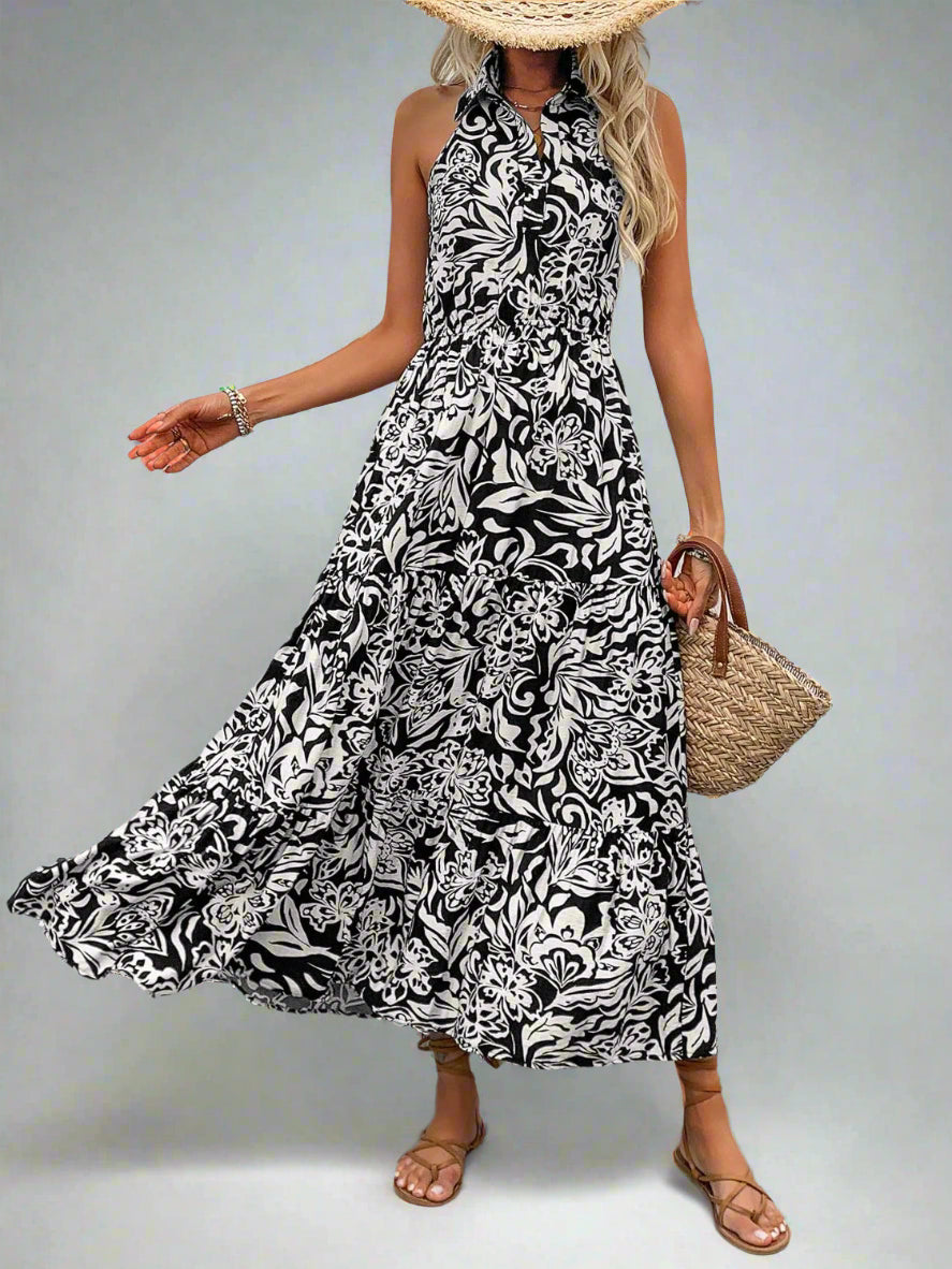 Backless Smocked Printed Midi Dress, Cuavan