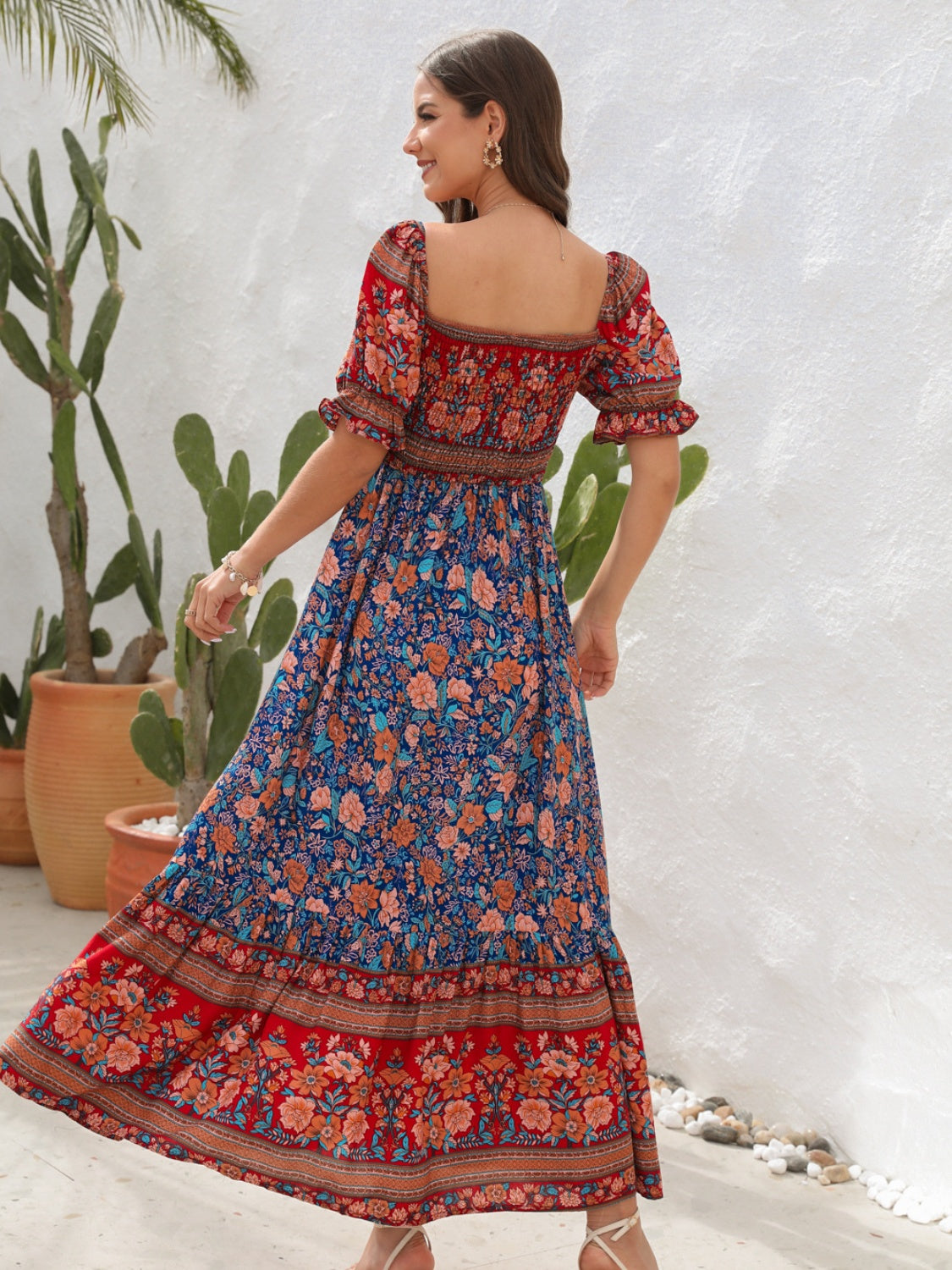 Floral Flounce Sleeve Midi Dress, Cuavan