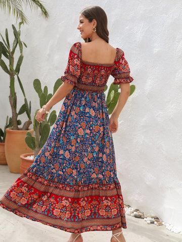 Floral Flounce Sleeve Midi Dress, Cuavan