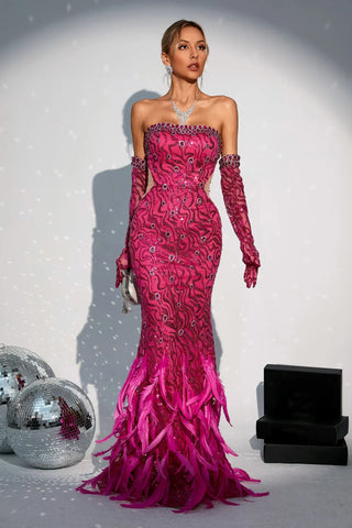 Felicity Feather Maxi Dress with Gloves — Pink