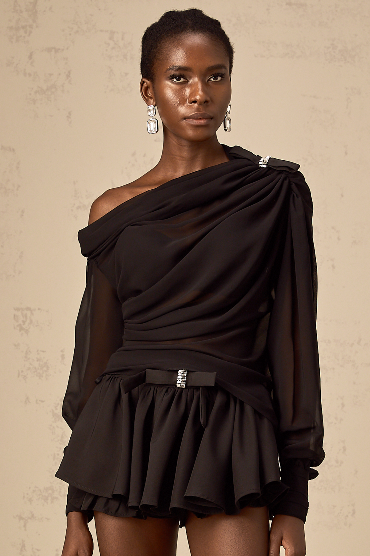 Andrea Asymmetric Tulle Blouse and Skirt Set — Black