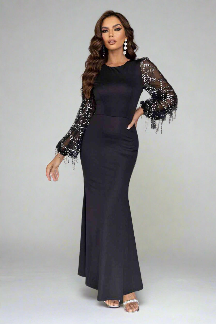 Sequin Round Neck Maxi Dress, Cuavan