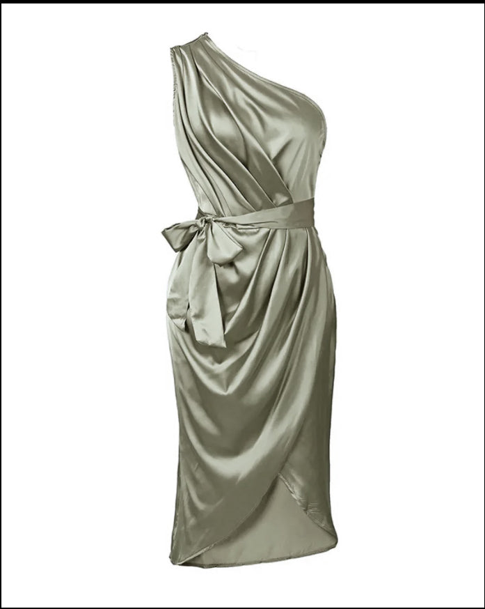 One-Shoulder Ruched Slit Party Dress, Cuavan