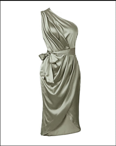 One-Shoulder Ruched Slit Party Dress, Cuavan