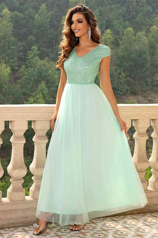 Sequin V-Neck Mesh Maxi Dress, Cuavan