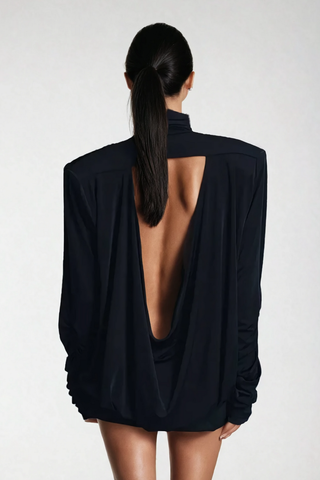 Vivian Backless Ruch Mini Dress — Black, Cuavan