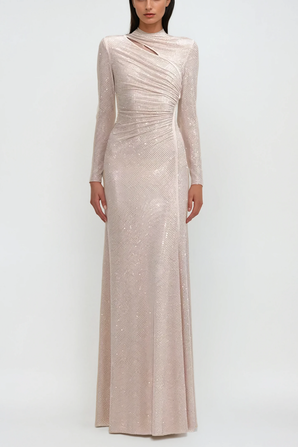 Rhea Rhinestone Cutout Maxi Dress — Apricot, Cuavan