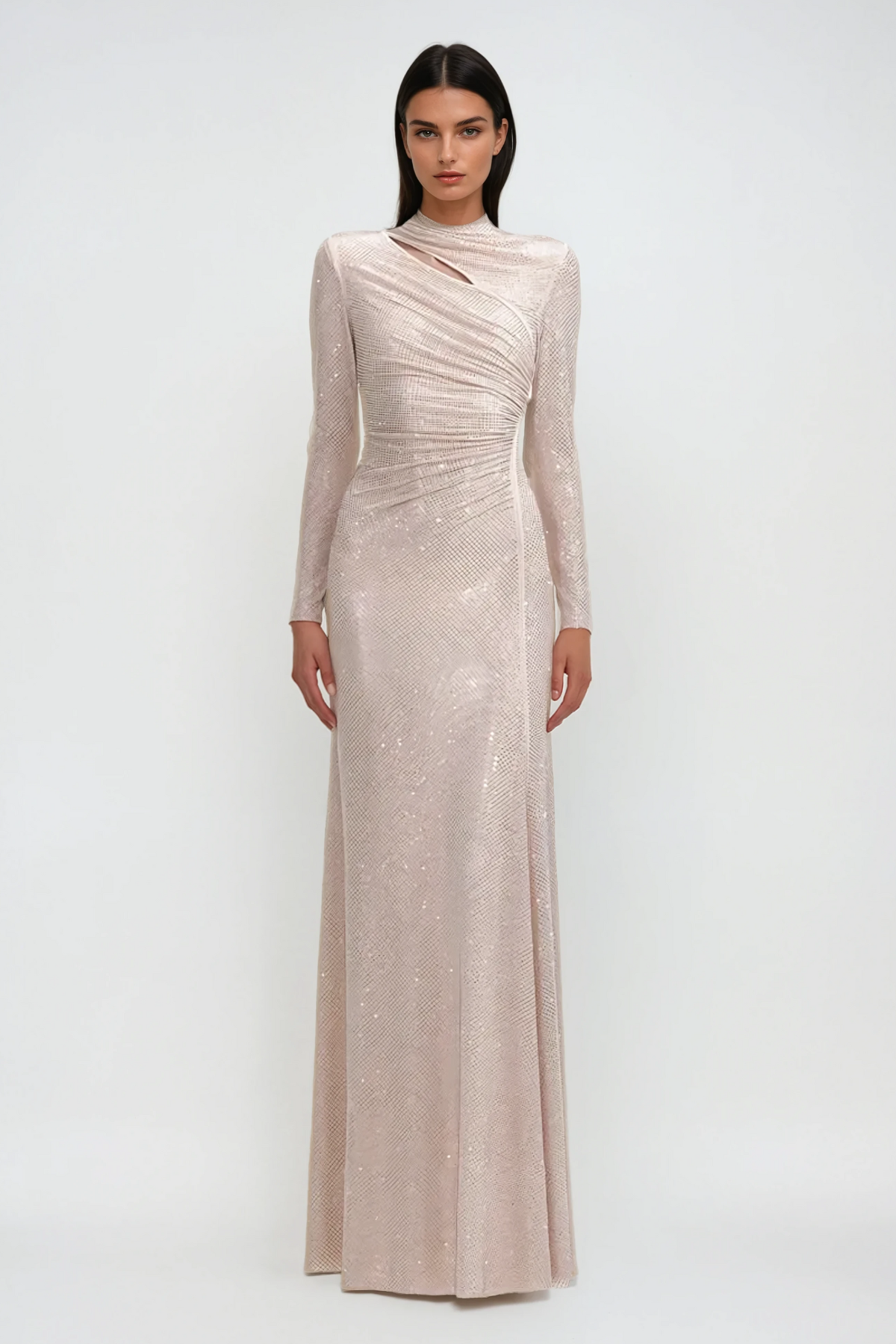 Rhea Rhinestone Cutout Maxi Dress — Apricot, Cuavan
