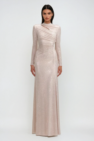 Rhea Rhinestone Cutout Maxi Dress — Apricot, Cuavan