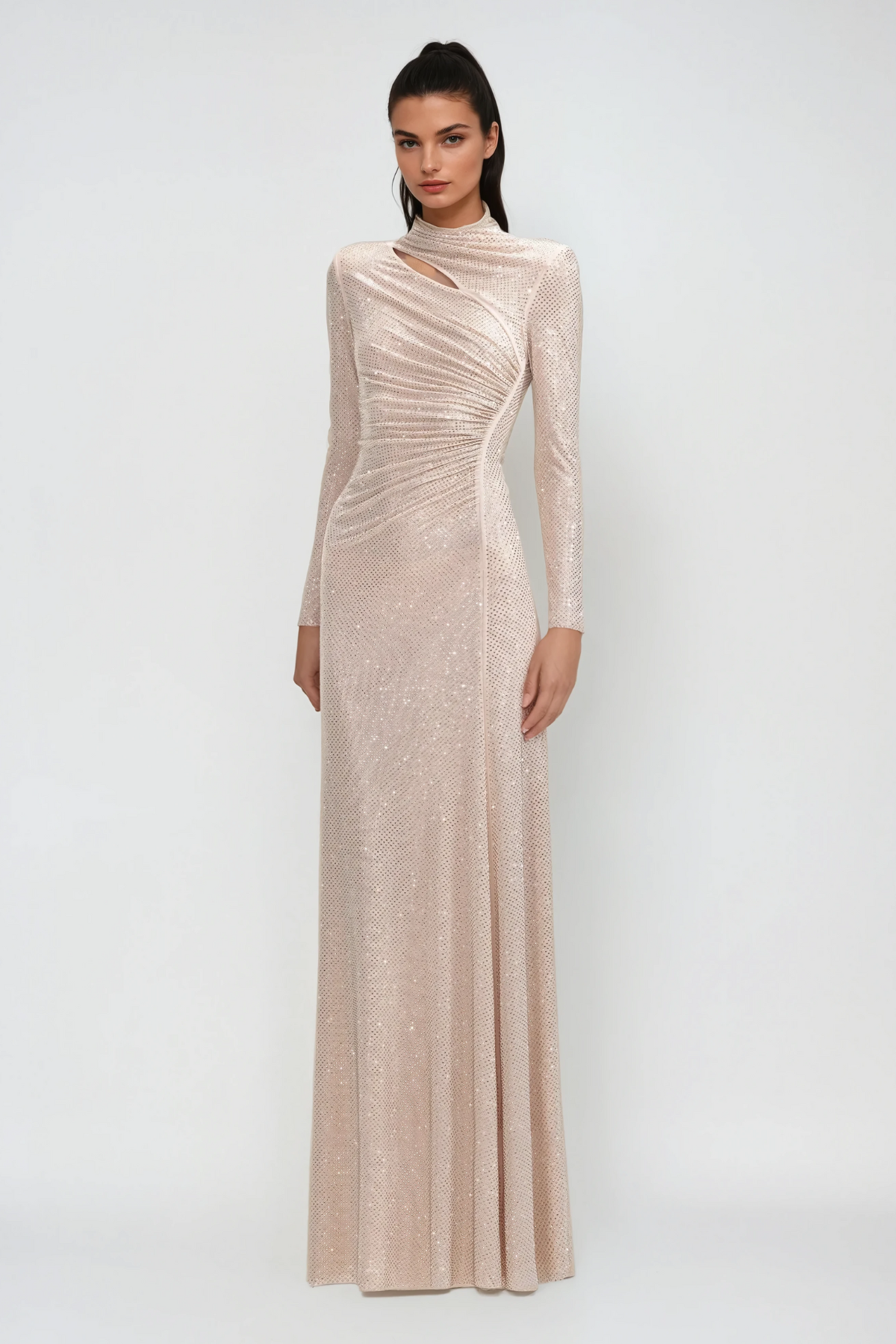 Rhea Rhinestone Cutout Maxi Dress — Apricot, Cuavan