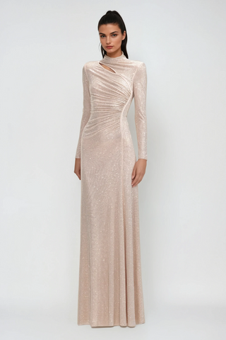Rhea Rhinestone Cutout Maxi Dress — Apricot, Cuavan