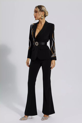 Analia Diamond Sequin Blazer and Bell-Bottom Set — Black