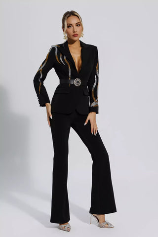Analia Diamond Sequin Blazer and Bell-Bottom Set — Black