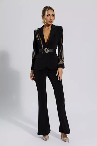 Analia Diamond Sequin Blazer and Bell-Bottom Set — Black