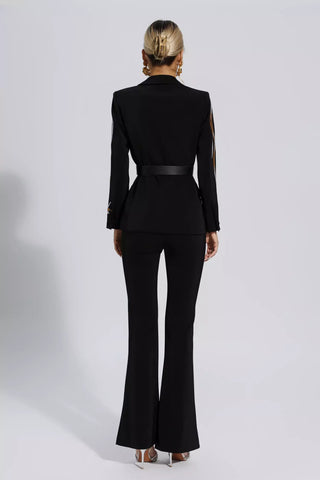 Analia Diamond Sequin Blazer and Bell-Bottom Set — Black