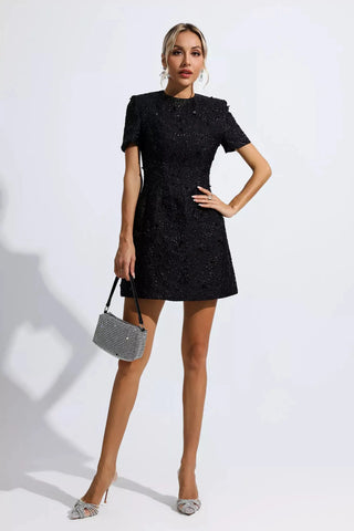 Astrid Jacquard Floral Mini Dress — Black