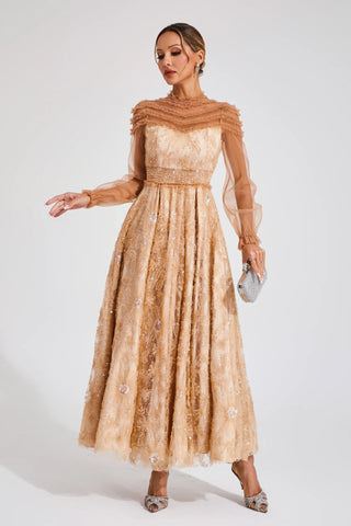 Nova Lace and Sequin Maxi Dress — Beige (II)