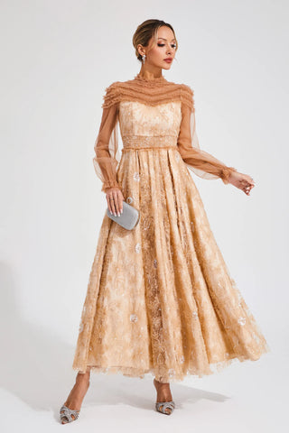 Nova Lace and Sequin Maxi Dress — Beige
