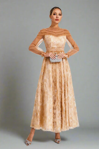 Nova Lace and Sequin Maxi Dress — Beige (II)