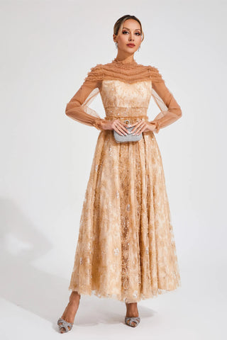Nova Lace and Sequin Maxi Dress — Beige