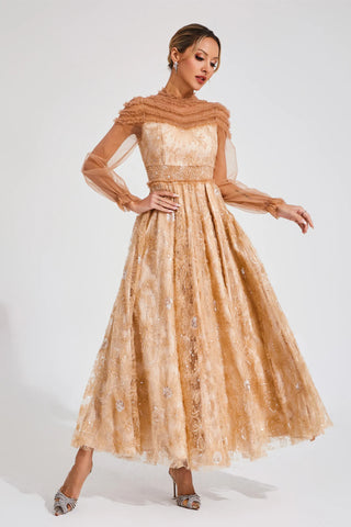 Nova Lace and Sequin Maxi Dress — Beige