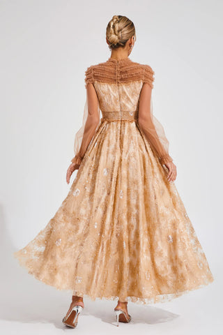 Nova Lace and Sequin Maxi Dress — Beige