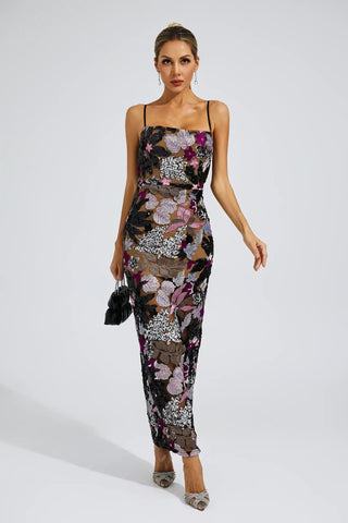 Arabella Embroidered Sequin Maxi Dress — Black
