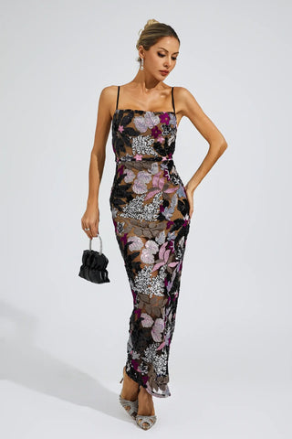Arabella Embroidered Sequin Maxi Dress — Black