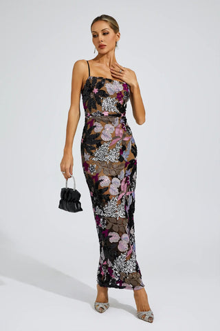 Arabella Embroidered Sequin Maxi Dress — Black