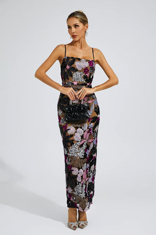 Arabella Embroidered Sequin Maxi Dress — Black