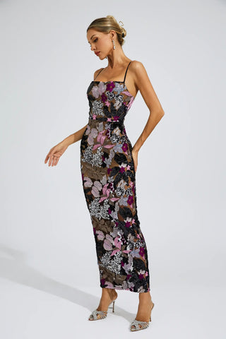 Arabella Embroidered Sequin Maxi Dress — Black
