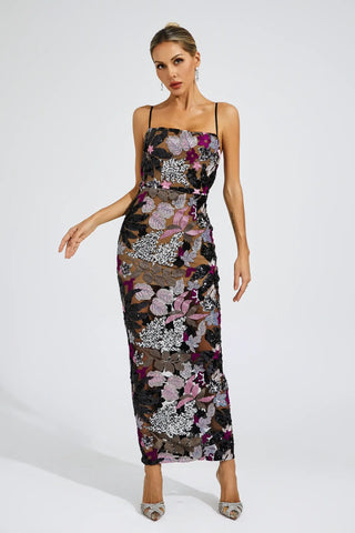 Arabella Embroidered Sequin Maxi Dress — Black