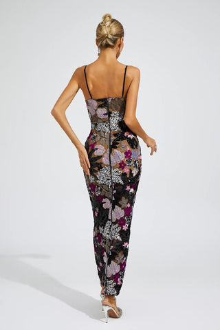 Arabella Embroidered Sequin Maxi Dress — Black