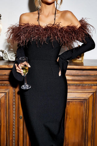 Blanche Off-Shoulder Feather-Trim Midi Dress — Black