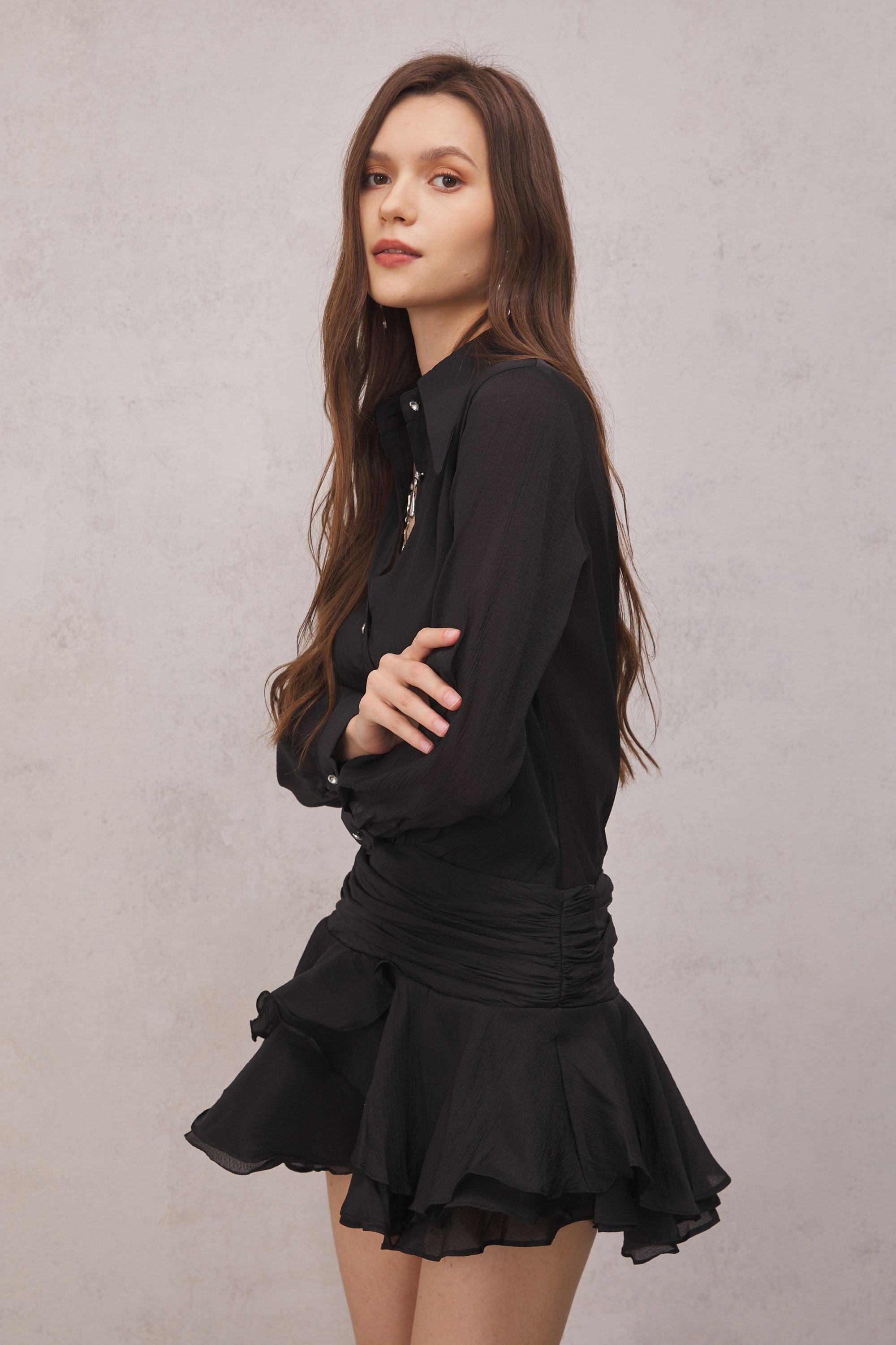 Leila Ruched Ruffle Mini Dress — Black, Cuavan
