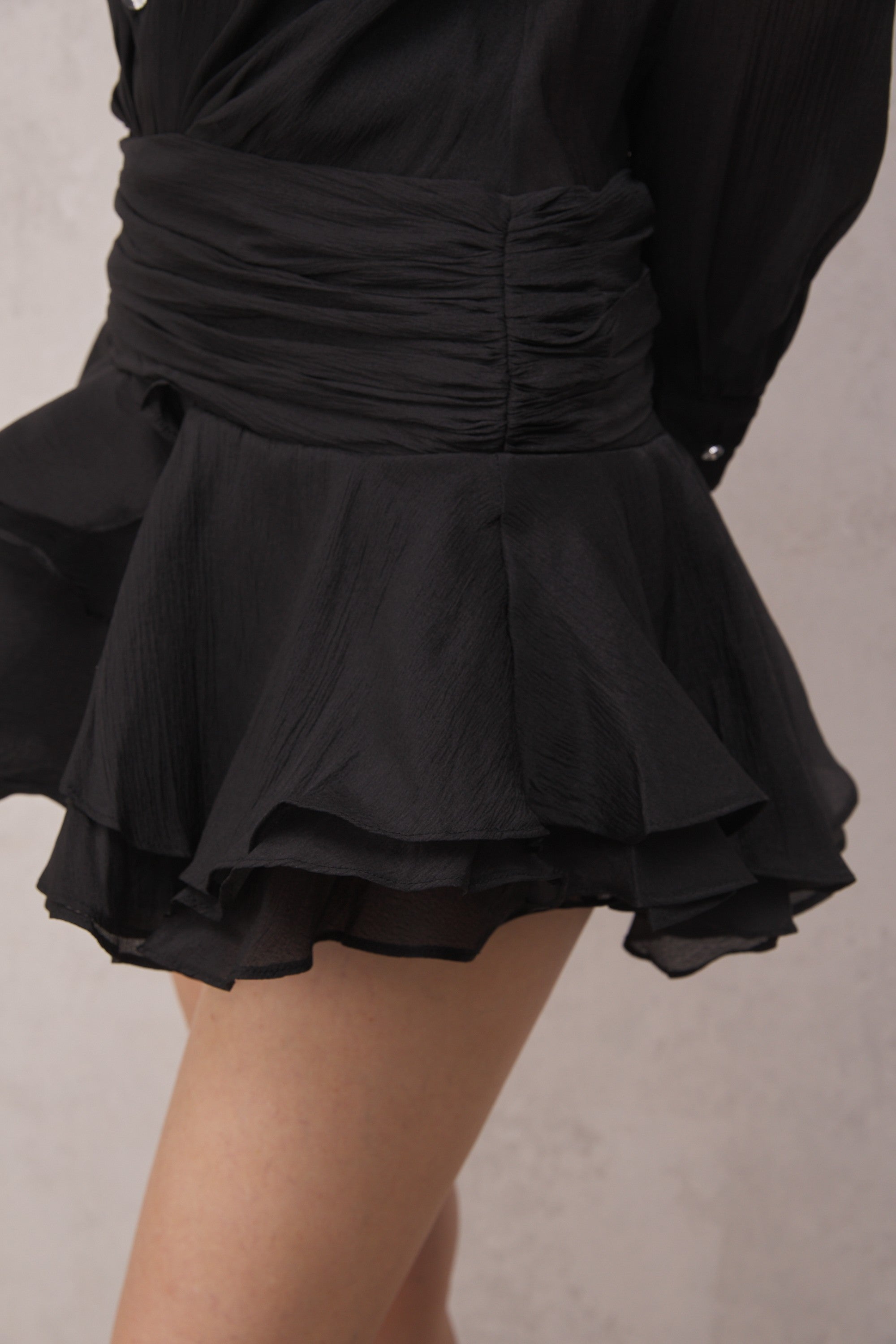 Leila Ruched Ruffle Mini Dress — Black, Cuavan