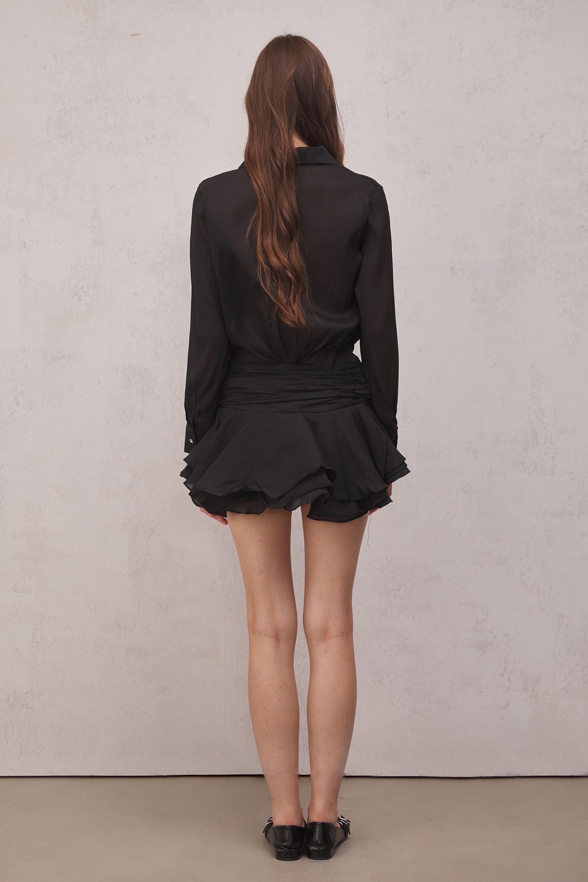 Leila Ruched Ruffle Mini Dress — Black, Cuavan