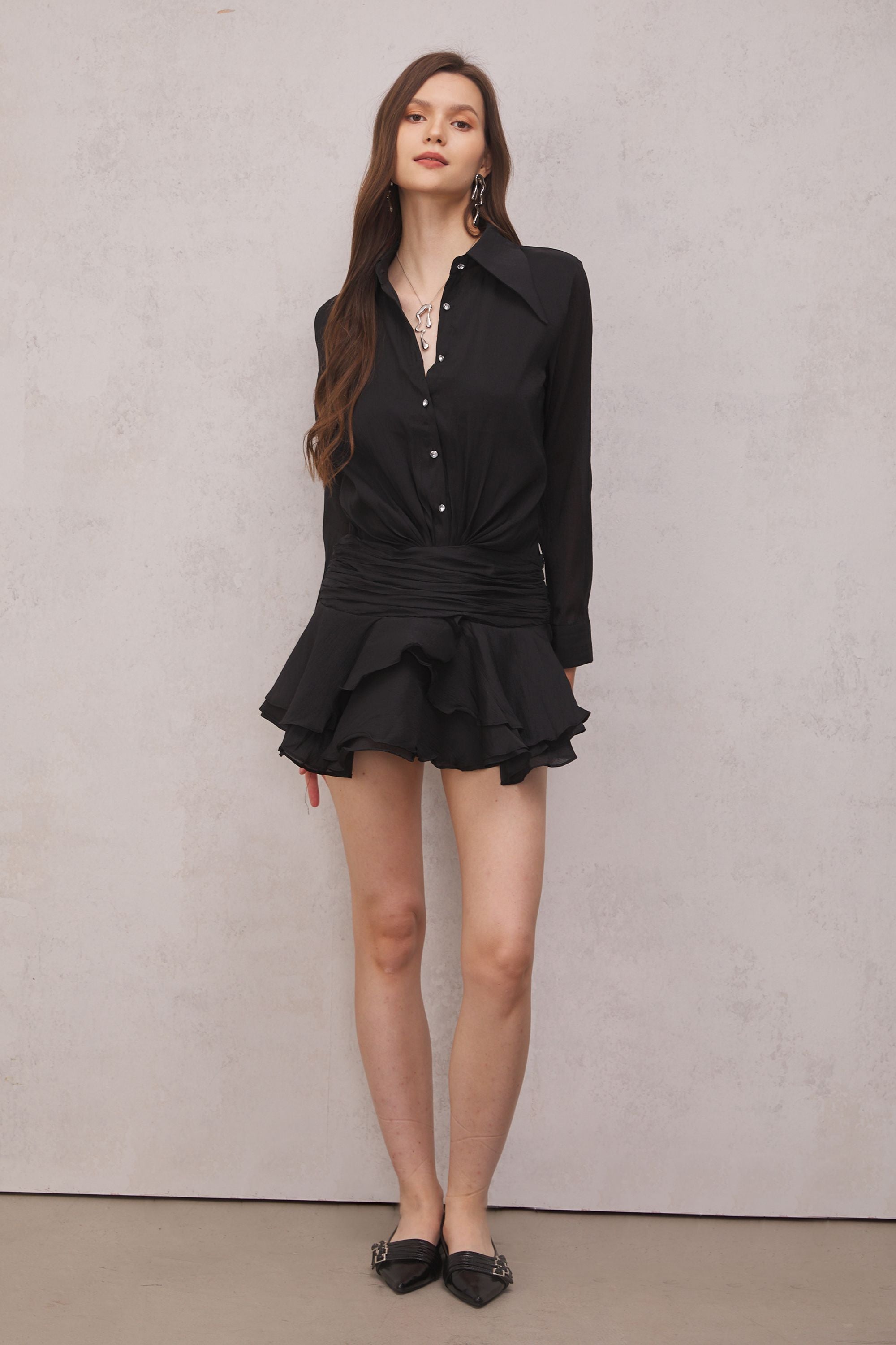Leila Ruched Ruffle Mini Dress — Black, Cuavan