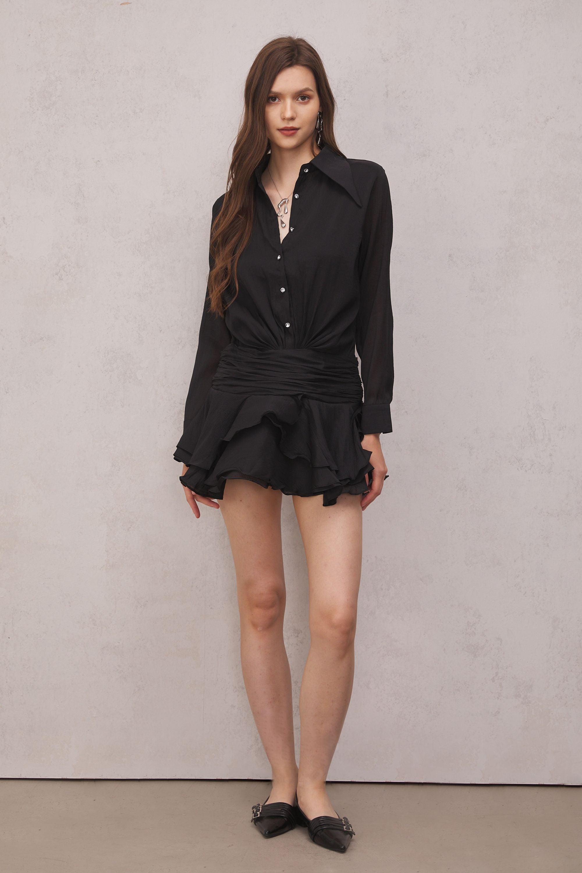 Leila Ruched Ruffle Mini Dress — Black, Cuavan