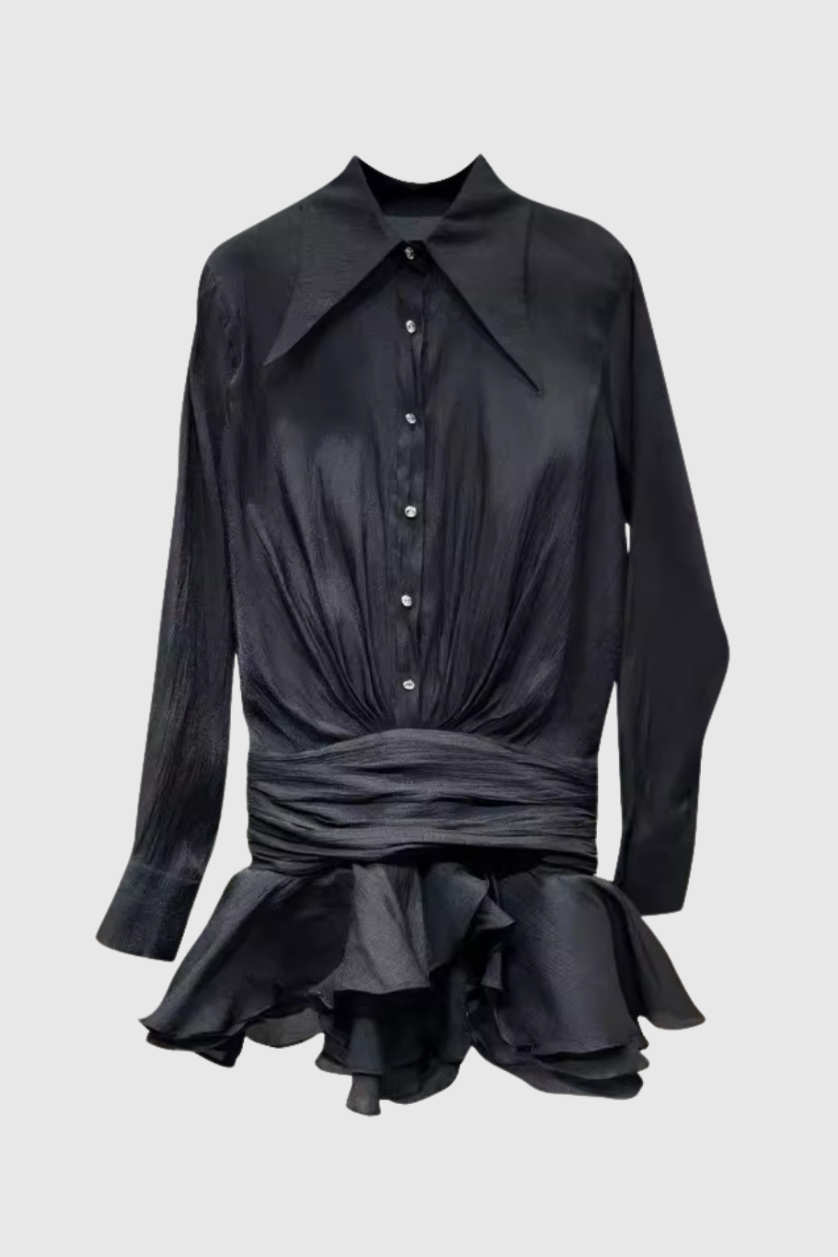 Leila Ruched Ruffle Mini Dress — Black, Cuavan