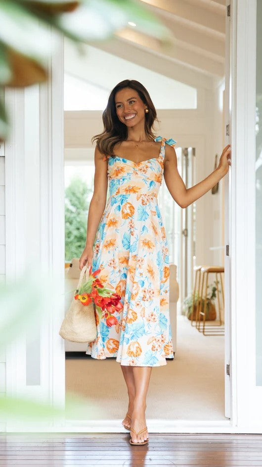 Floral Deep-V Midi Dress — Orange, Cuavan