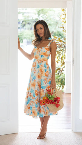 Floral Deep-V Midi Dress — Orange, Cuavan