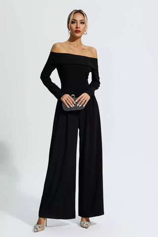 Cassidy Off-Shoulder Drape Jumpsuit — Black