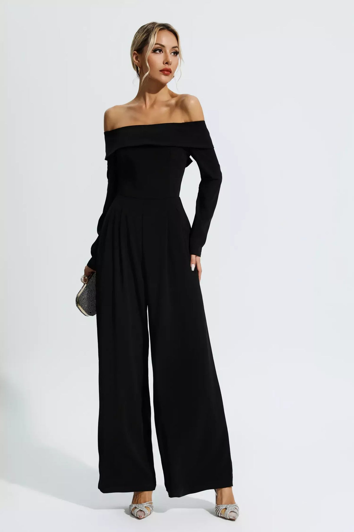 Cassidy Off-Shoulder Drape Jumpsuit — Black