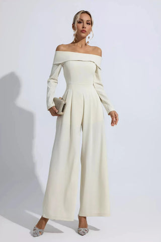Cassidy Off-Shoulder Drape Jumpsuit — Apricot