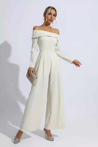 Cassidy Off-Shoulder Drape Jumpsuit — Apricot