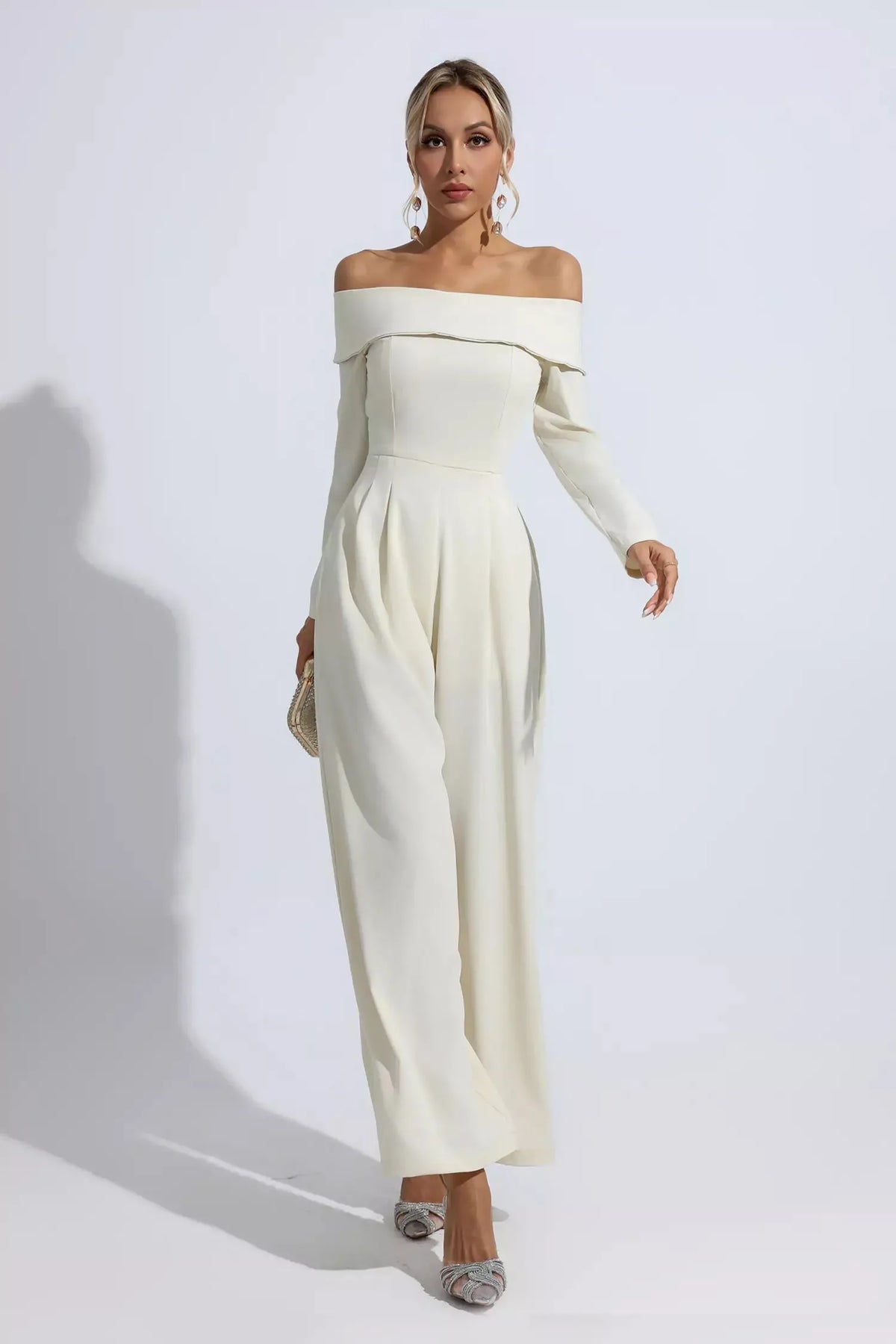 Cassidy Off-Shoulder Drape Jumpsuit — Apricot