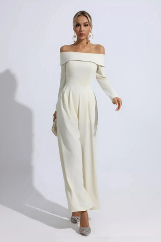 Cassidy Off-Shoulder Drape Jumpsuit — Apricot