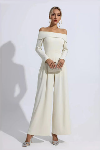 Cassidy Off-Shoulder Drape Jumpsuit — Apricot