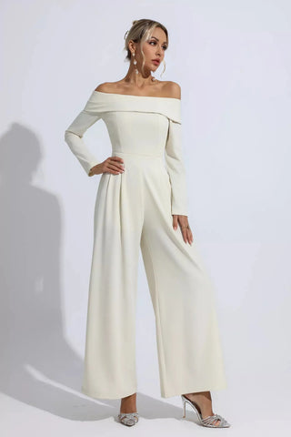 Cassidy Off-Shoulder Drape Jumpsuit — Apricot